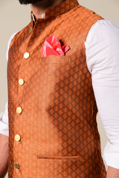 Elegant Bright Rust Half Jodhpuri Jacket With Kurta Pajama Set