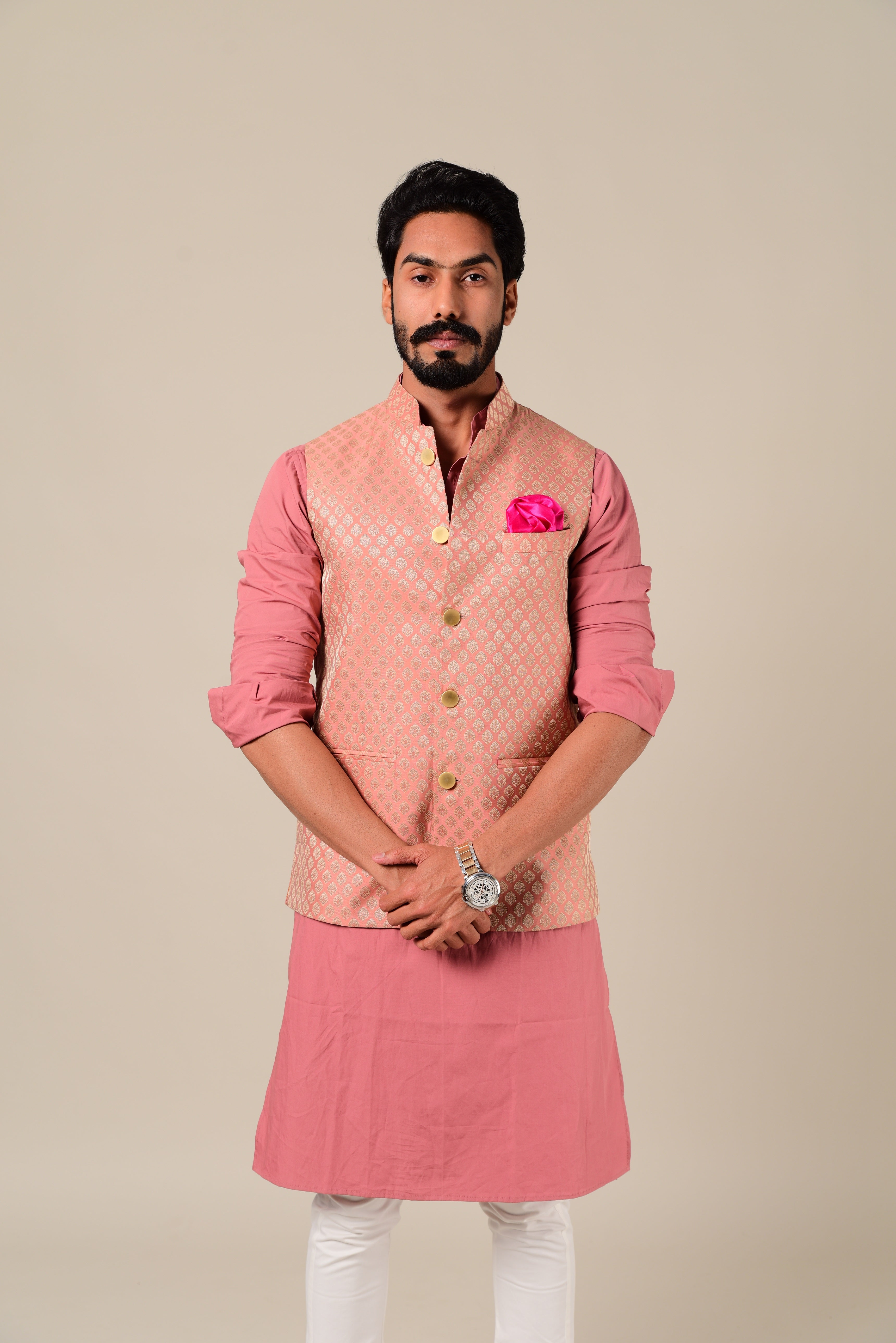 Golden Kurta Pajama With Nehru Jacket DTKPJ21564