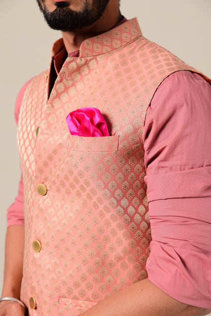 Ballet Pink And Golden Brocade Half Jodhpuri Jacket