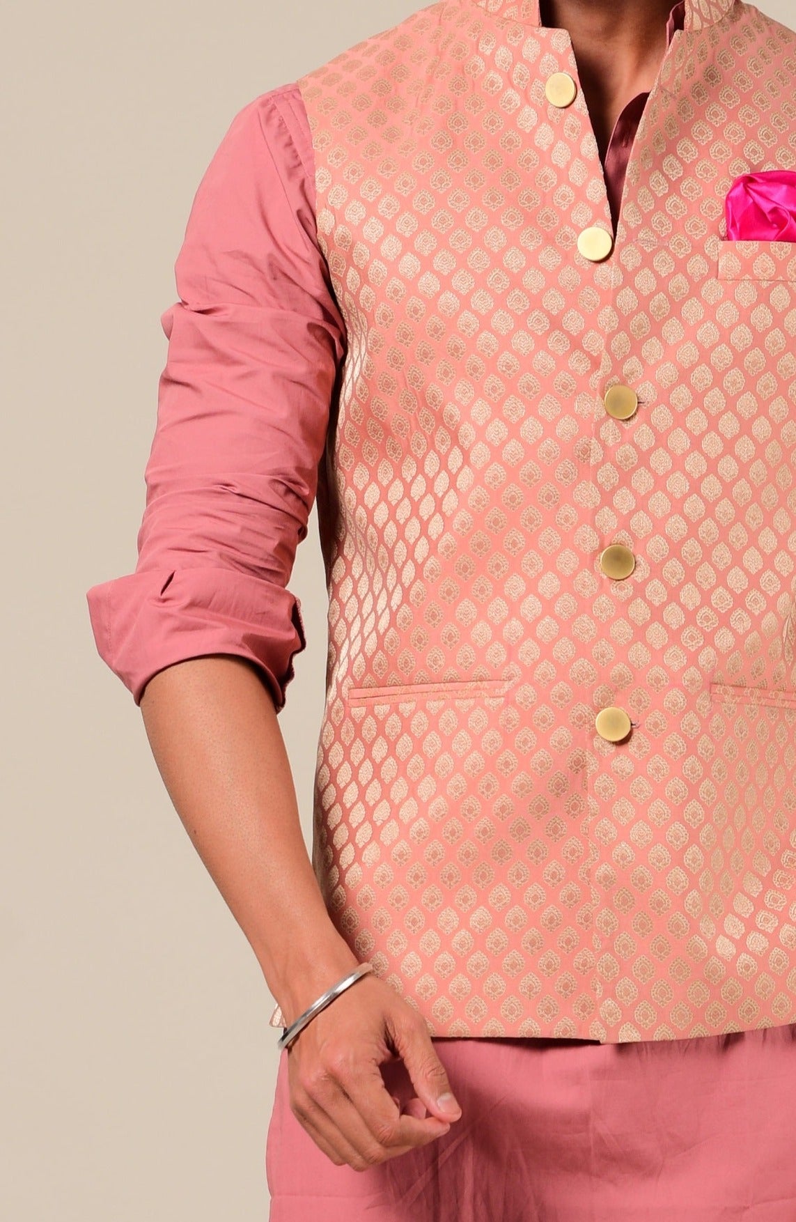 Ballet Pink And Golden Brocade Half Jodhpuri Jacket