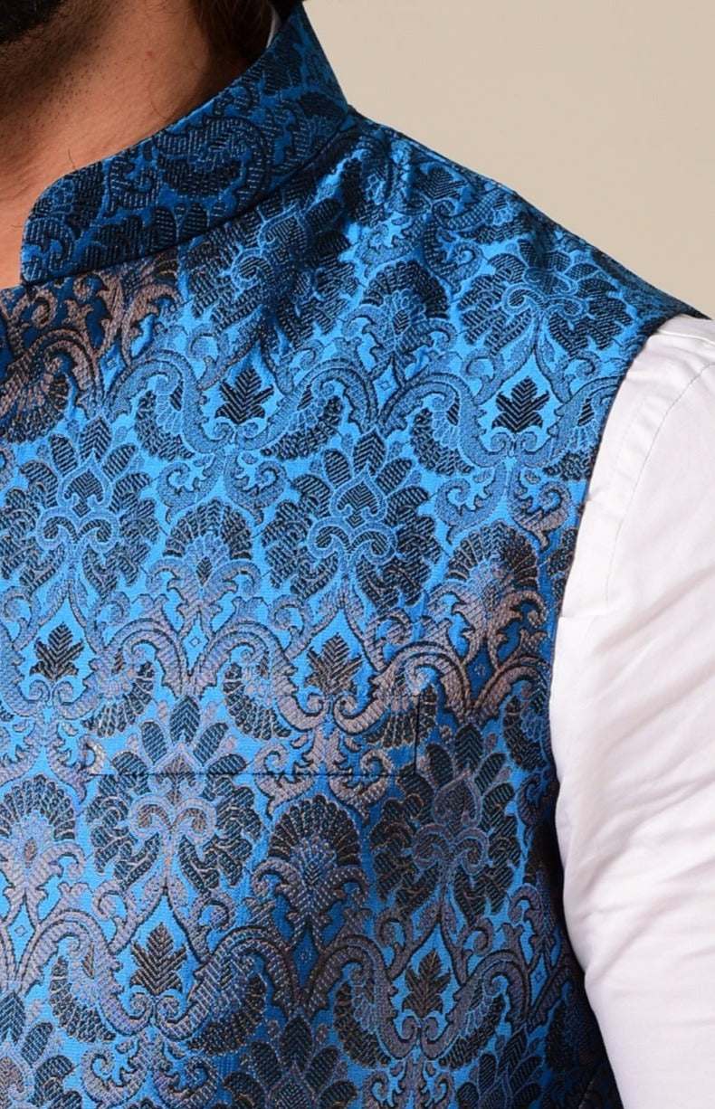 Elegant White Kurta Pajama with Cobalt Blue Nehru Modi Jacket