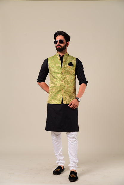 Spring Bug And Golden Brocade Half Jodhpuri Jacket with Kurta Pajama