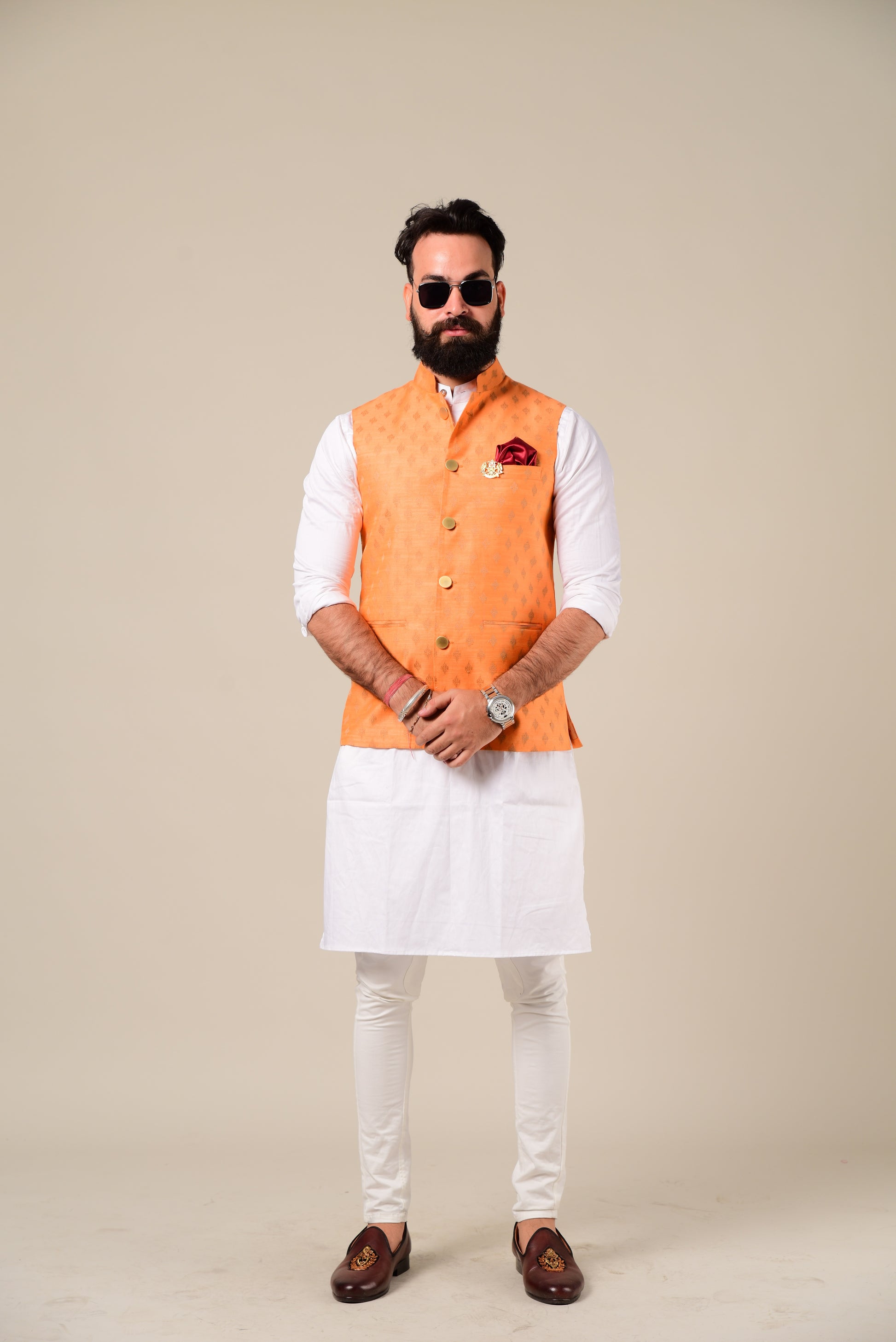 Brocade Nehru Jacket Orange And White Kurta Pajama Set My Personal Fit XS