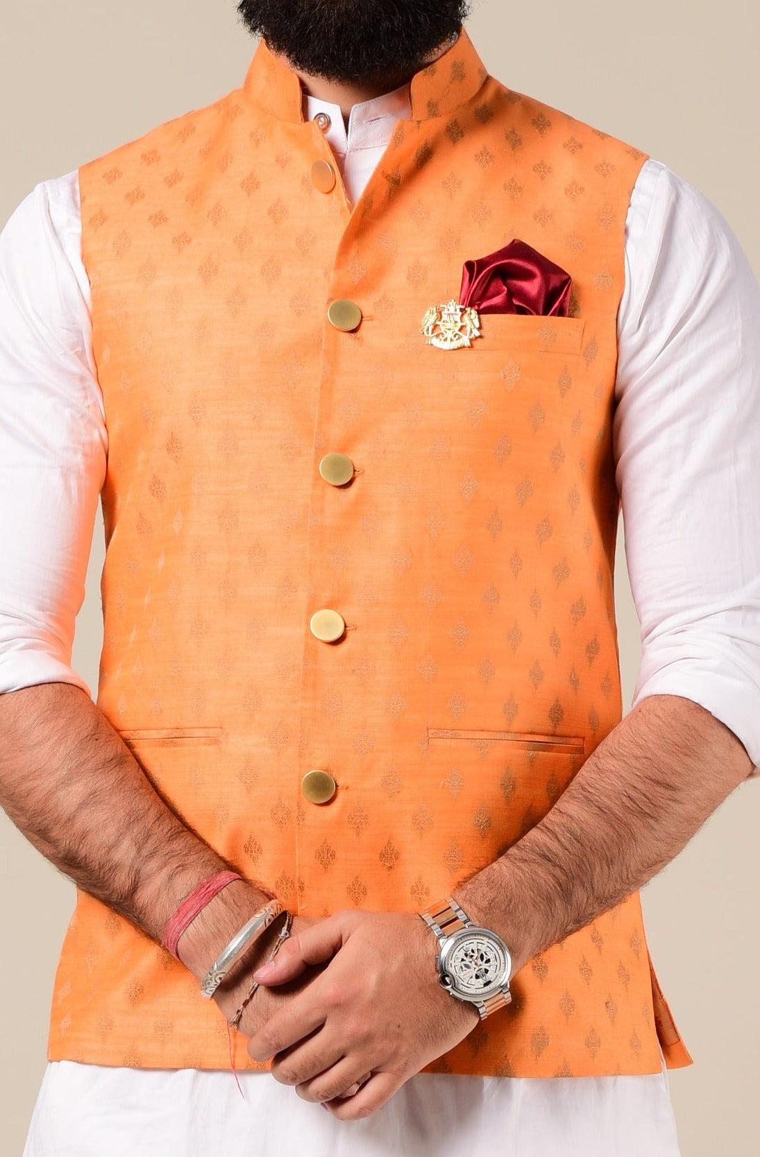 Brocade Nehru Jacket Orange And White Kurta Pajama Set
