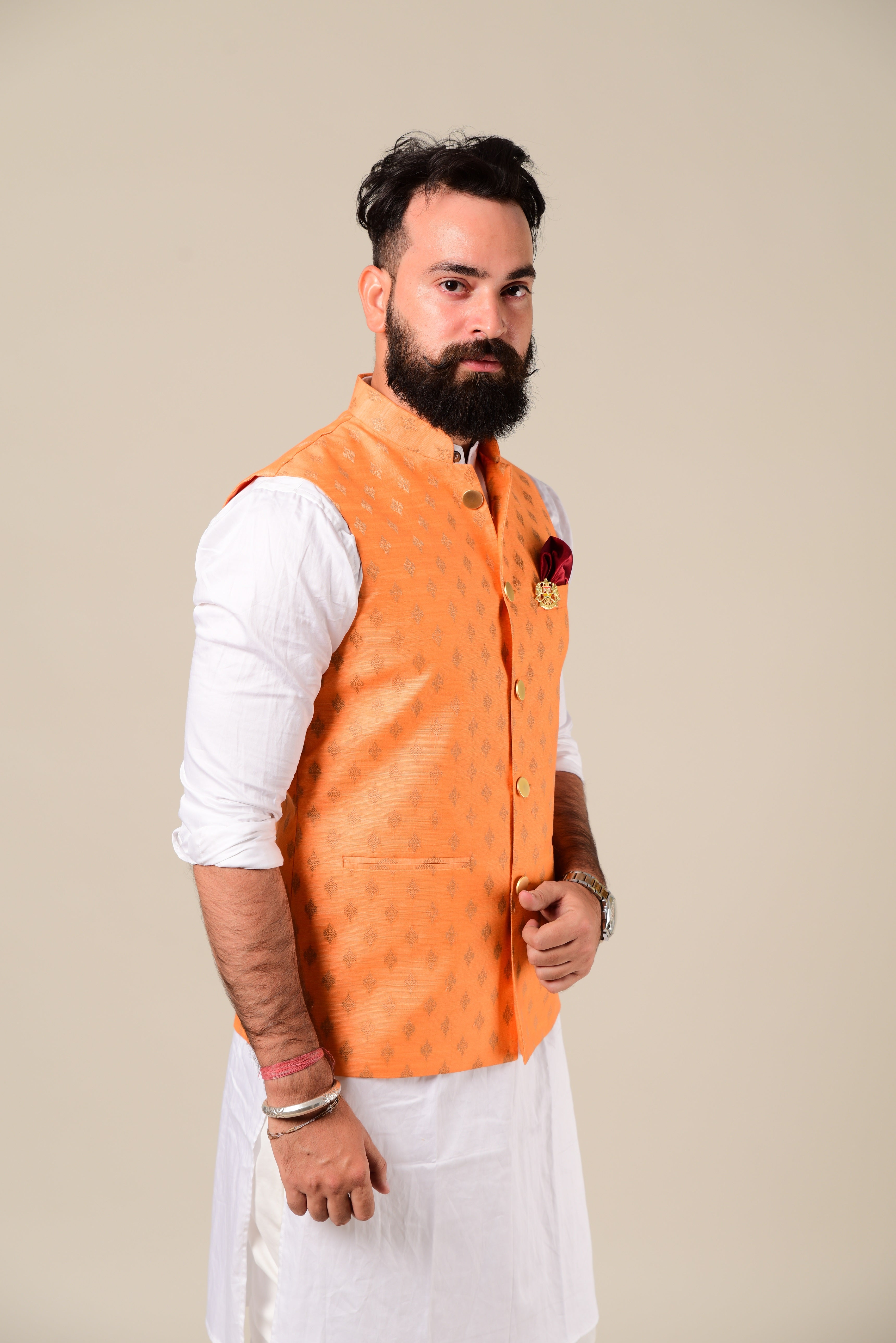 VASTRAMAY Red Patola Print Nehru Jacket With Yellow kurta Pyjama Set –  vastramay