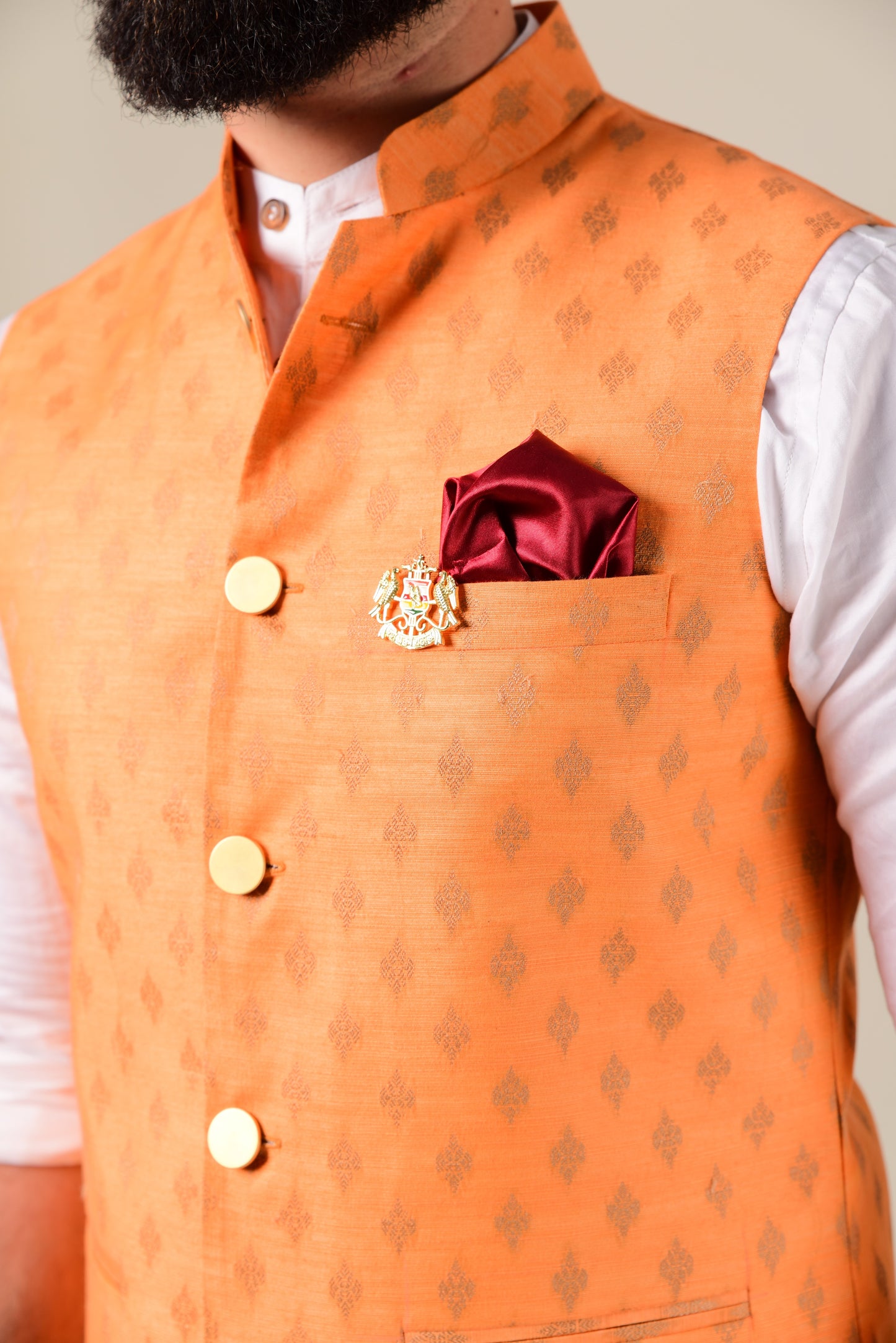 Brocade Nehru Jacket Orange And White Kurta Pajama Set