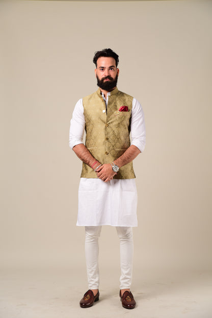 Pebble Gold Brocade Half Jacket With Kurta Pajama
