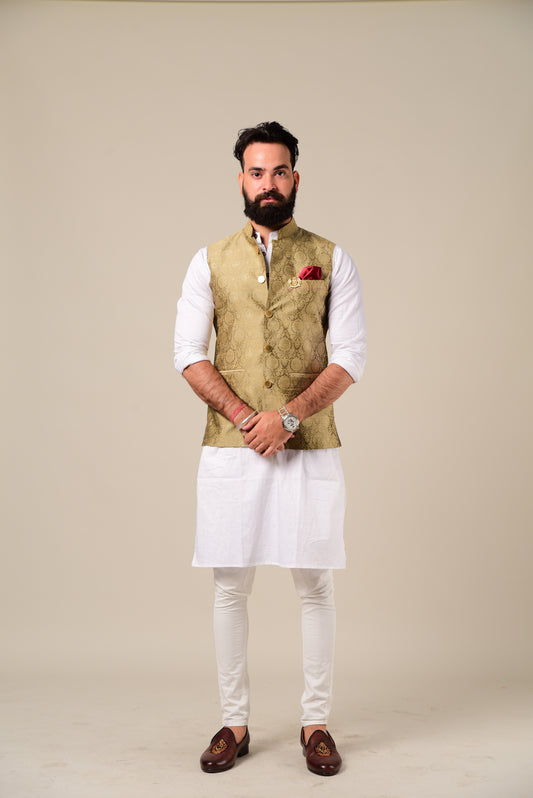 Pebble Gold Brocade Half Jacket With Kurta Pajama