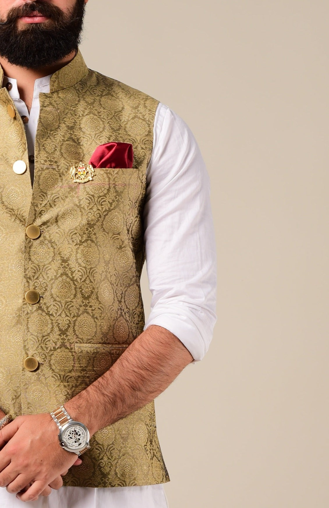 Woven Art Silk Jacquard Nehru Jacket in Golden : MUY790