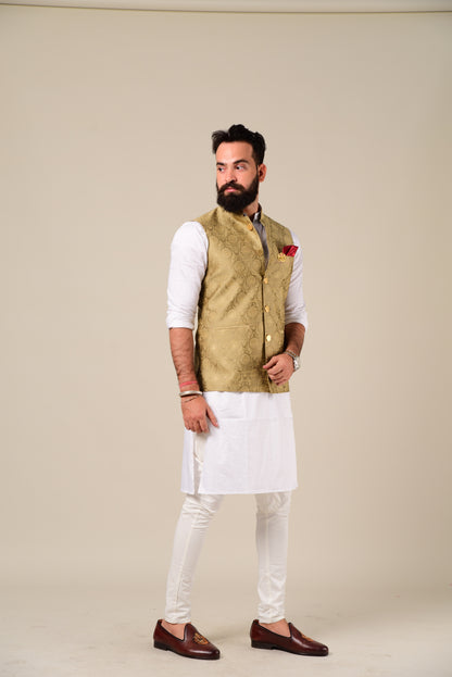 Handmade Royal Gold Kurta Pajama Nehru Modi Jacket Set