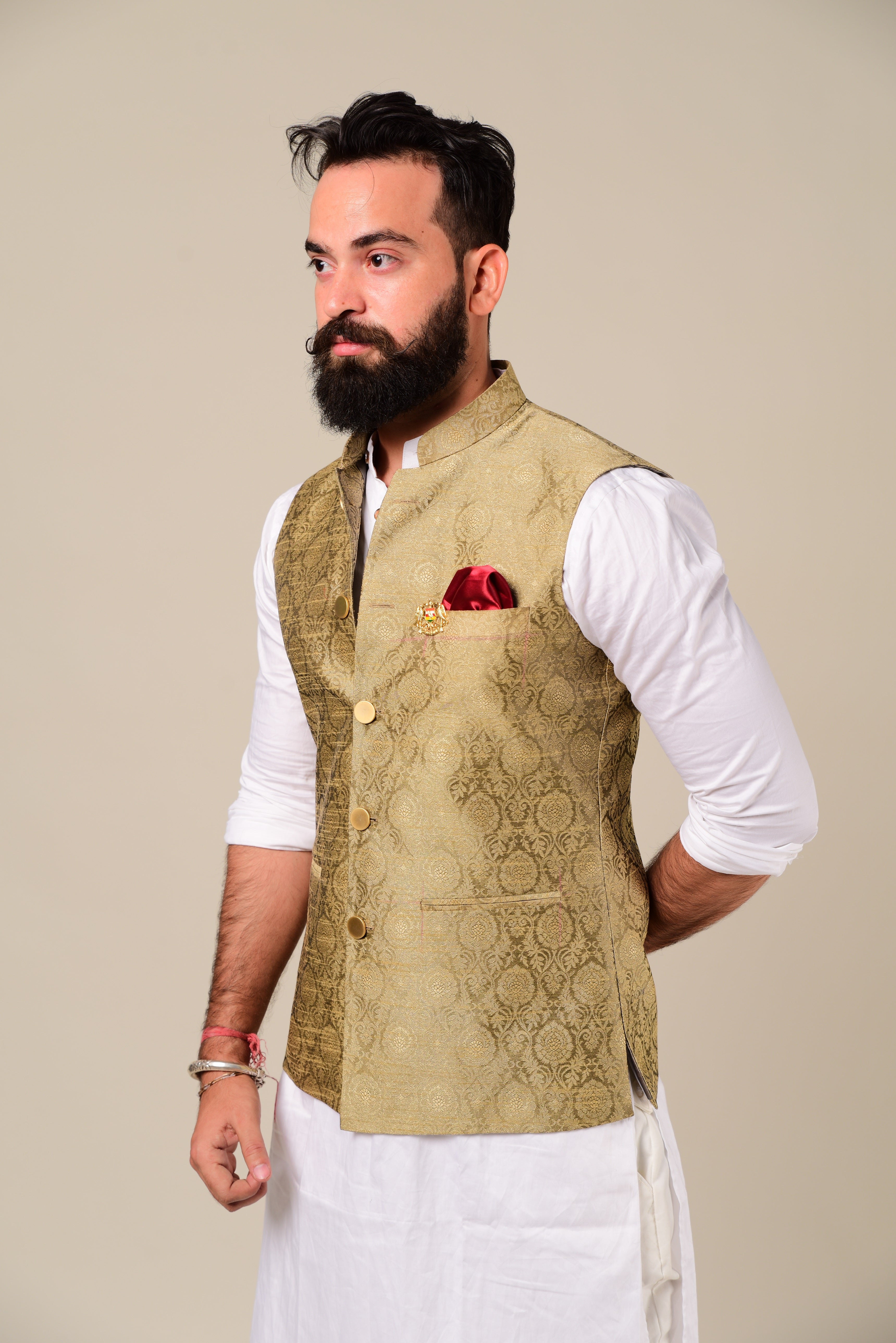 Buy Spring Bug and Golden Brocade Designer Half Jodhpuri Jacket With Kurta  Pajama Set Online in India - Etsy | Pajama set, Half jacket, Bespoke jacket