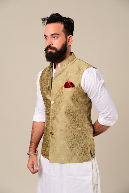 Handmade Royal Gold Kurta Pajama Nehru Modi Jacket Set