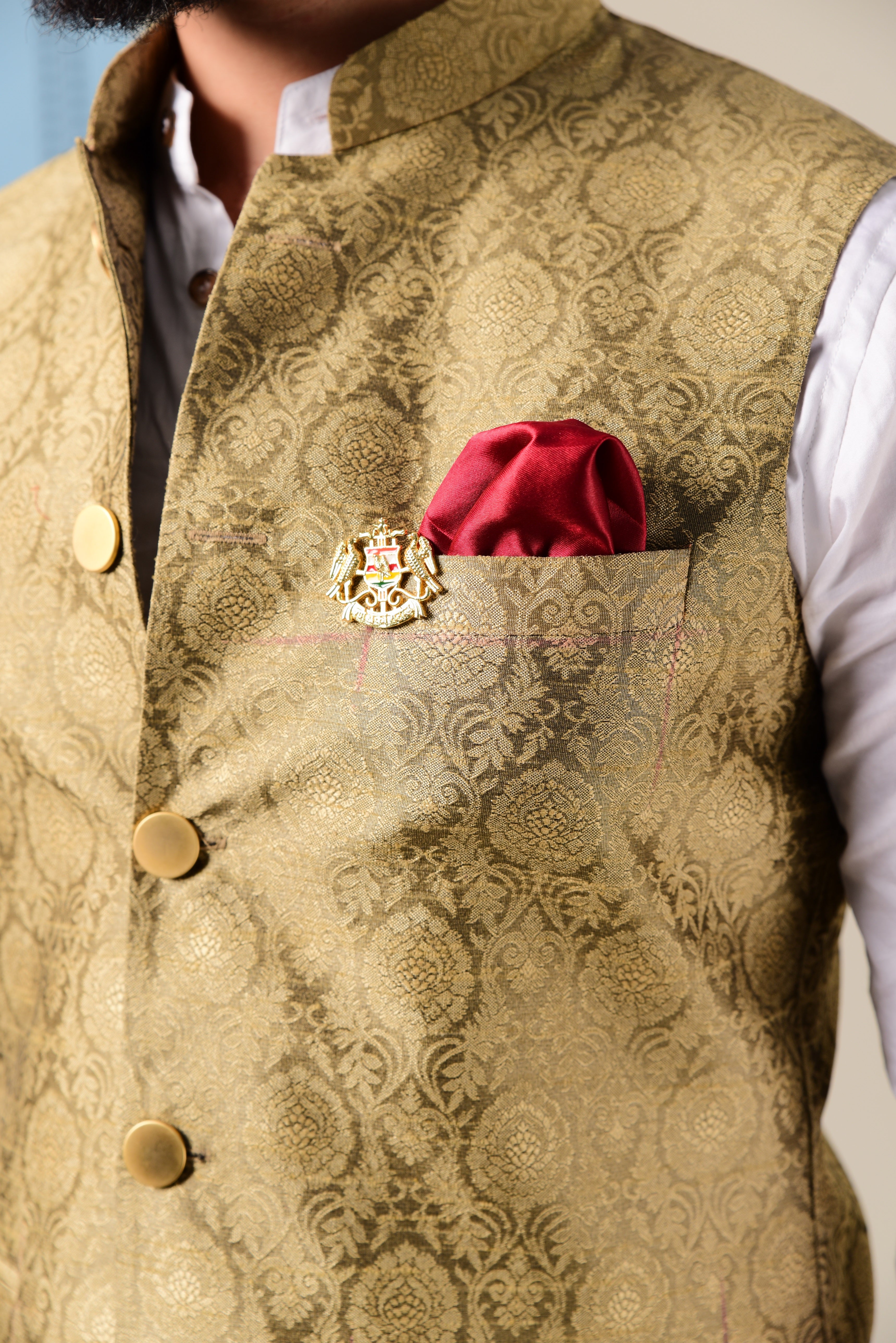 Sojanya (Since 1958) Men's Silk Blend Gold Kurta Pyjama & SeaGreen Nehrujacket  Combo