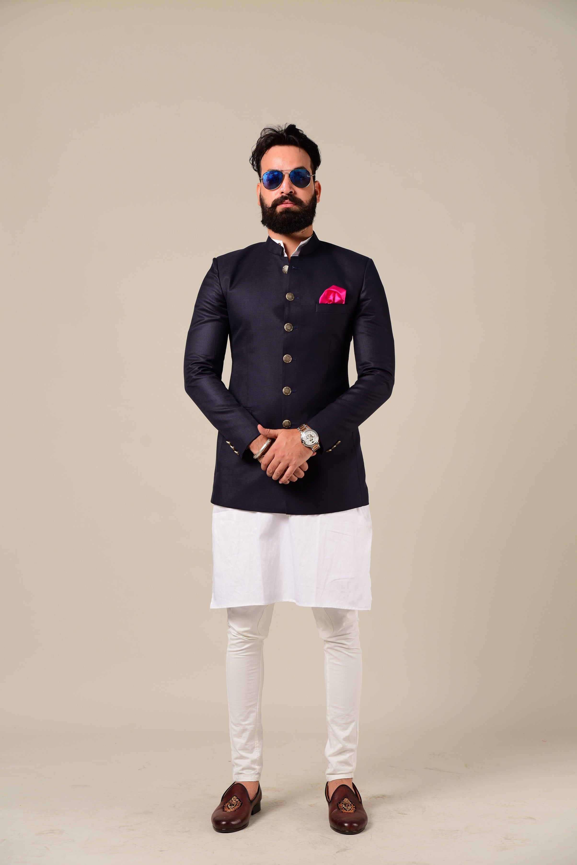 Dark Red Handmade Brocade Half Jodhpuri Jacket With Kurta Pajama – Rajanyas