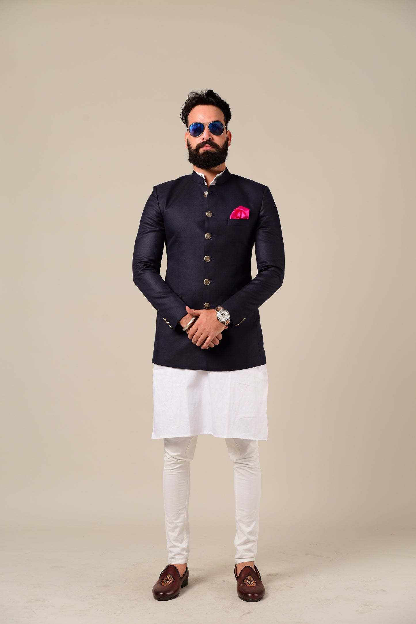 Navy Blue Indian Bandhgala Jodhpuri Blazer with Kurta Pajama Set,
