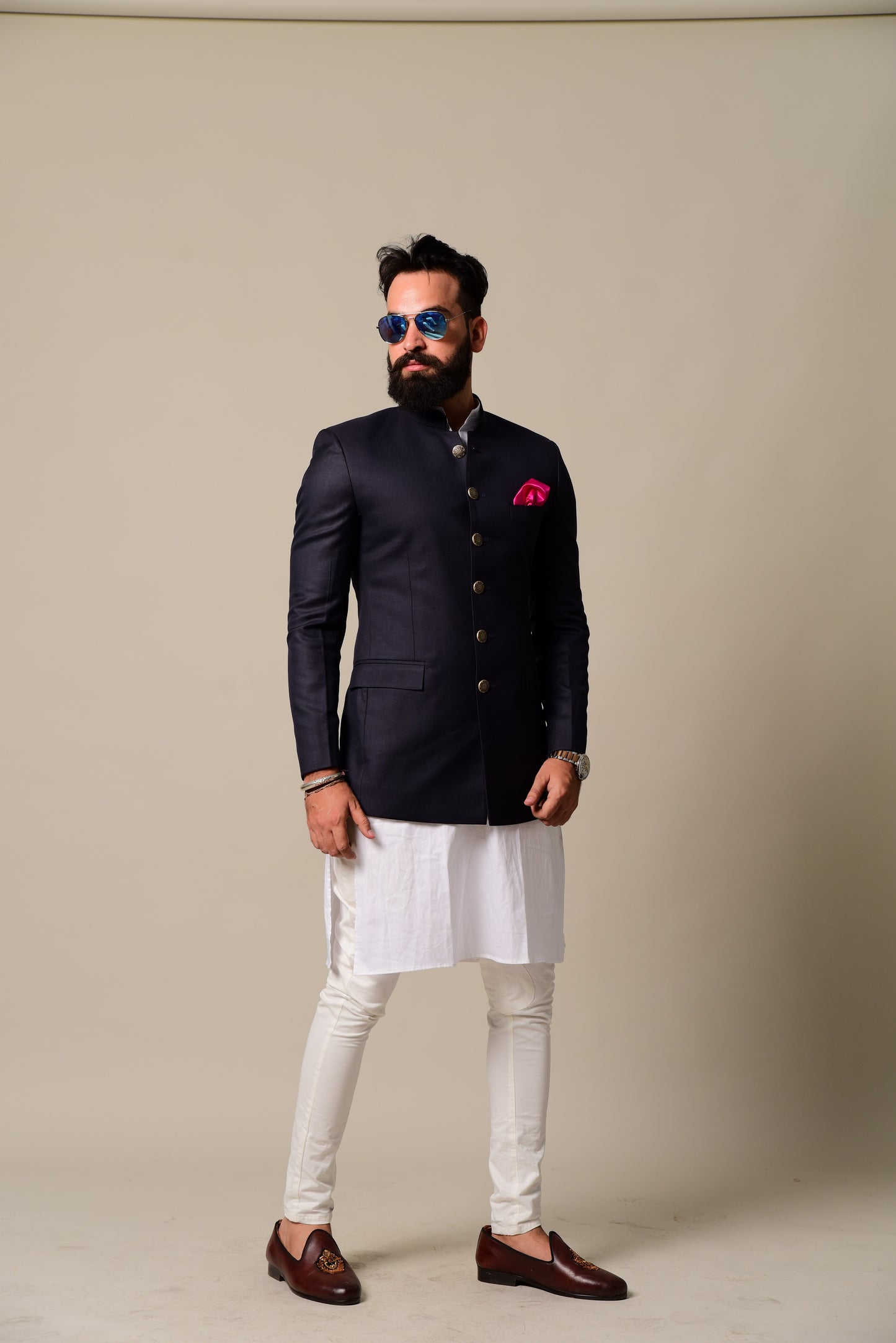 Navy Blue Indian Bandhgala Jodhpuri Blazer with Kurta Pajama Set,