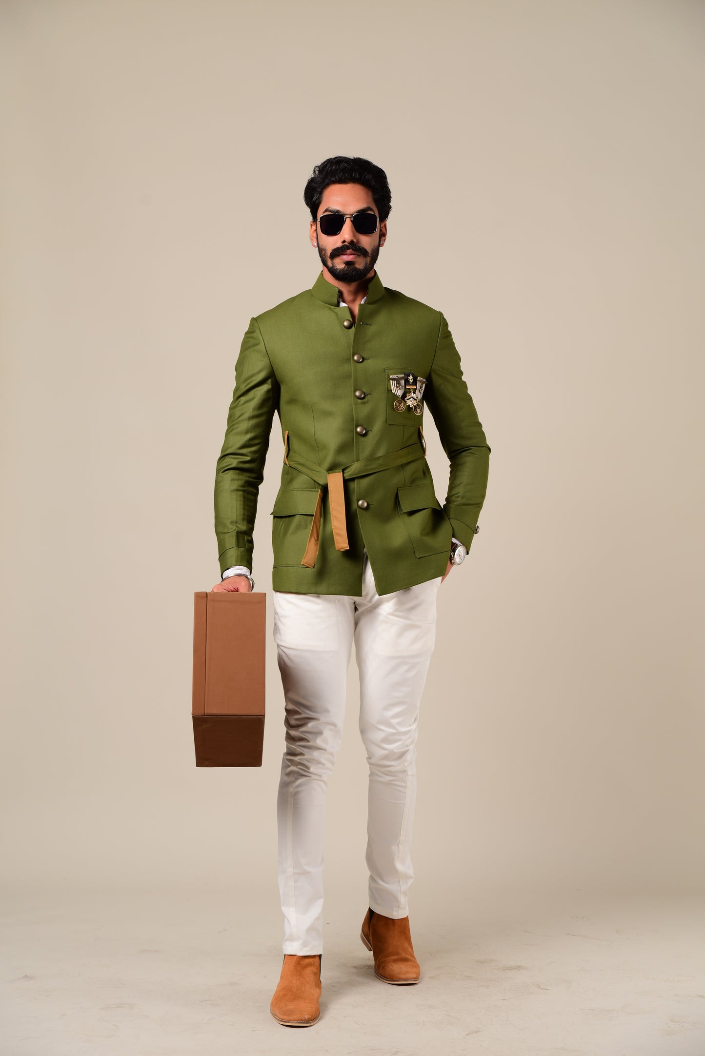 Olive Green Belted Royal Jodhpuri Bandhgala Suit