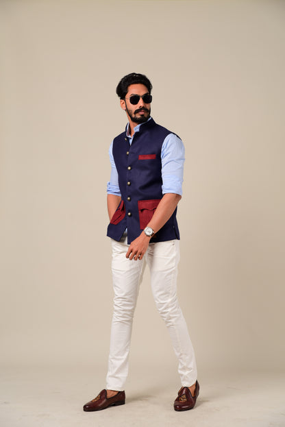 Navy Maroon Tweed Half Hunting Rajputana Jacket