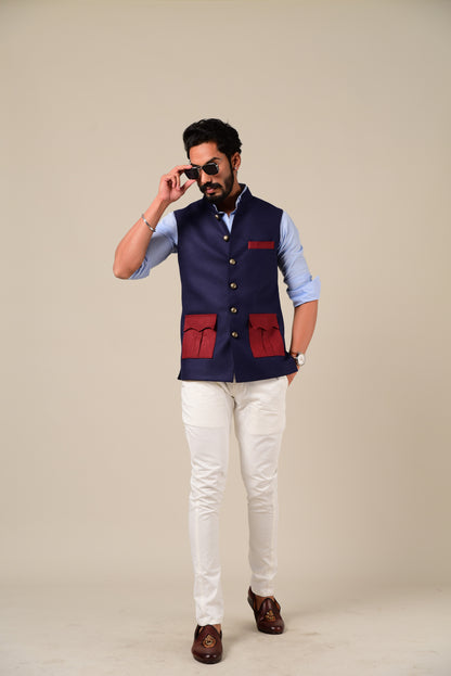 Navy Maroon Tweed Half Hunting Rajputana Jacket