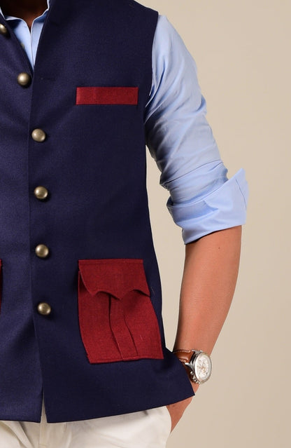 Navy Maroon Tweed Half Hunting Rajputana Jacket