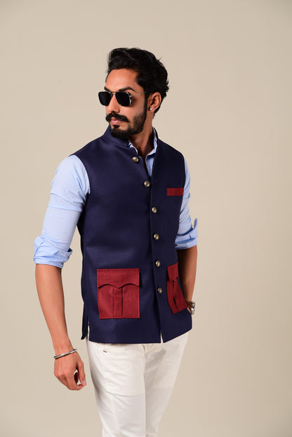 Navy Maroon Tweed Half Hunting Rajputana Jacket