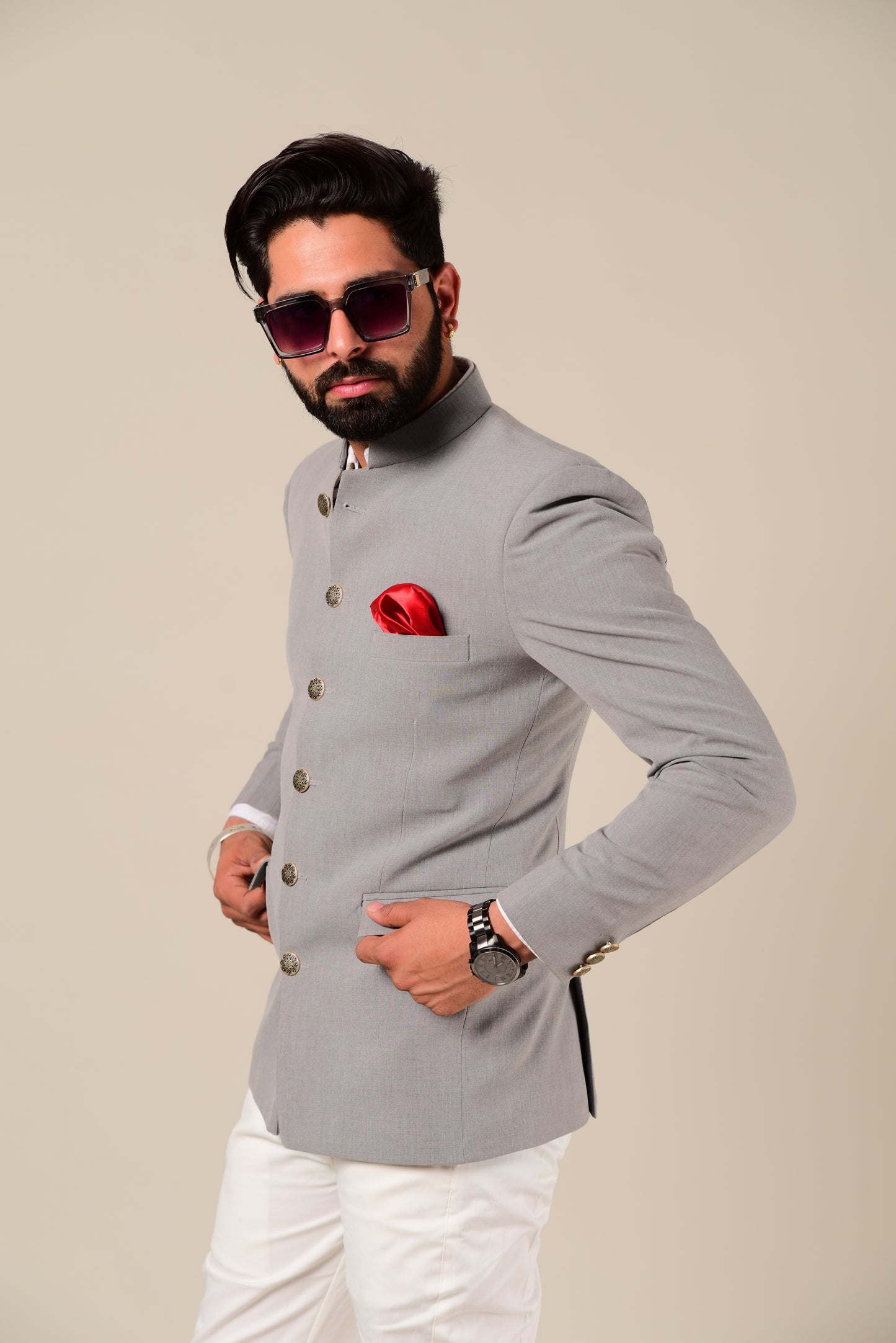 Light Grey Color Bandhgala With White Trouser