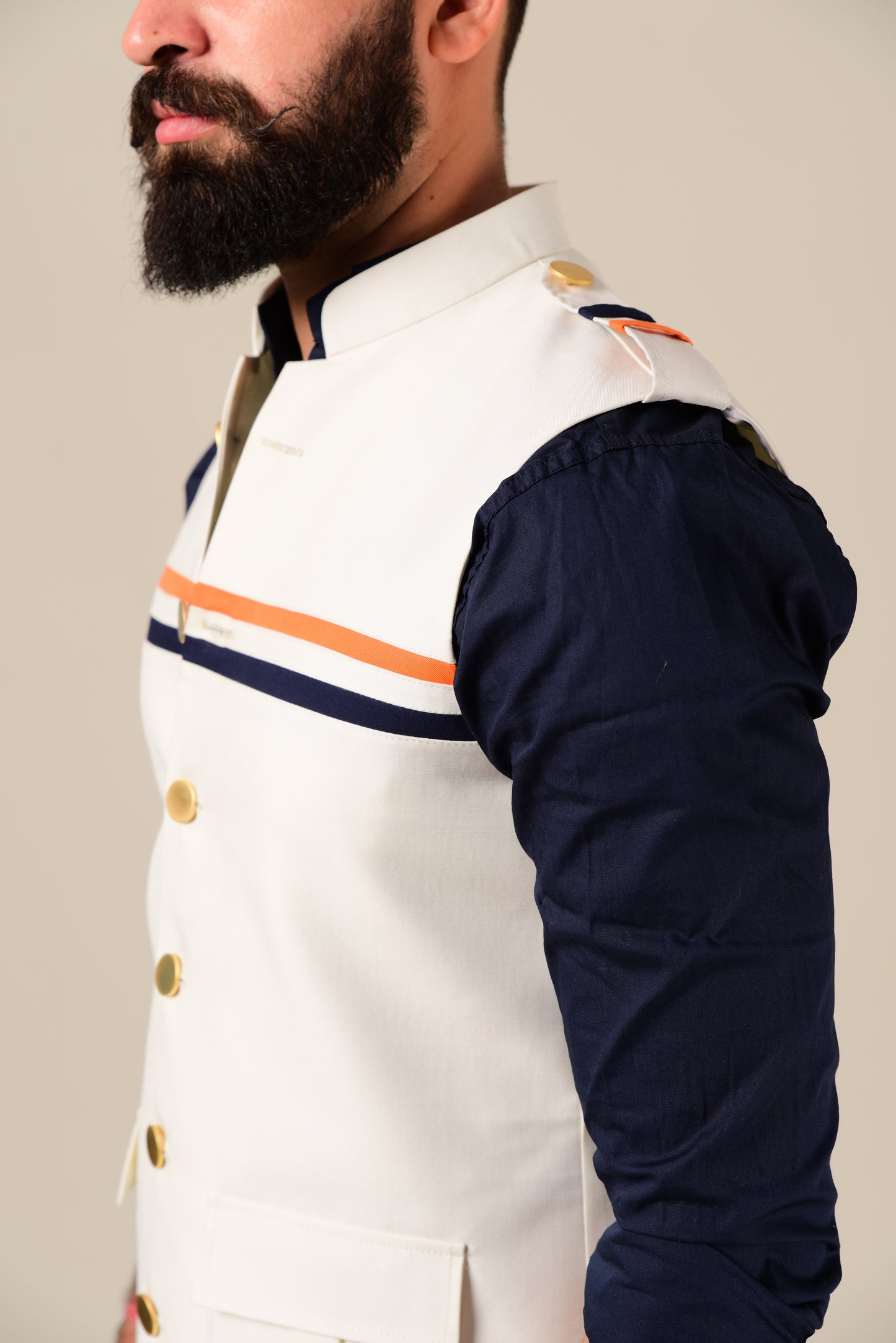 White Half Hunting Jacket With Navy & Saffron Strips
