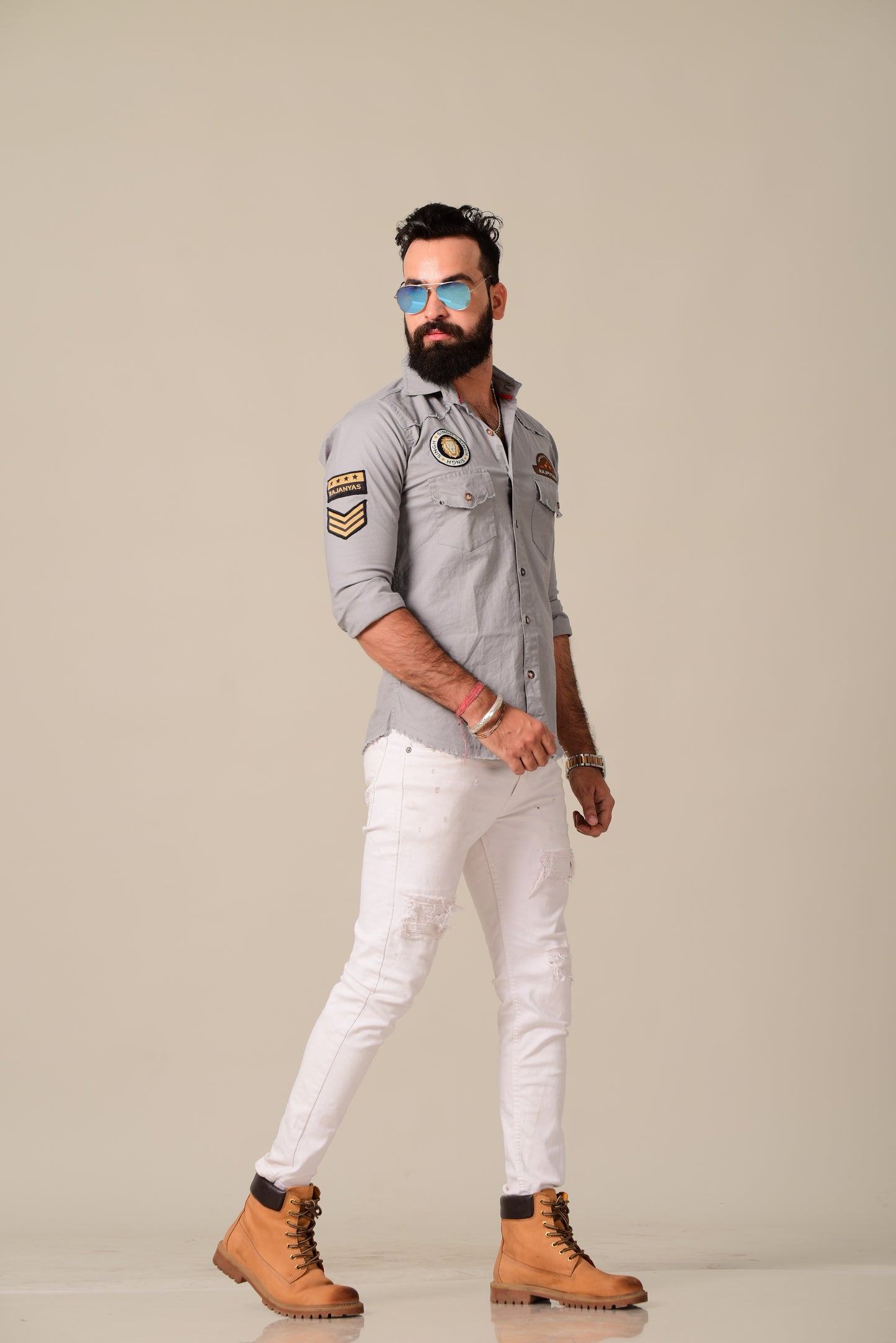 Harbour Grey Color Stretchable Rajputana Shirt