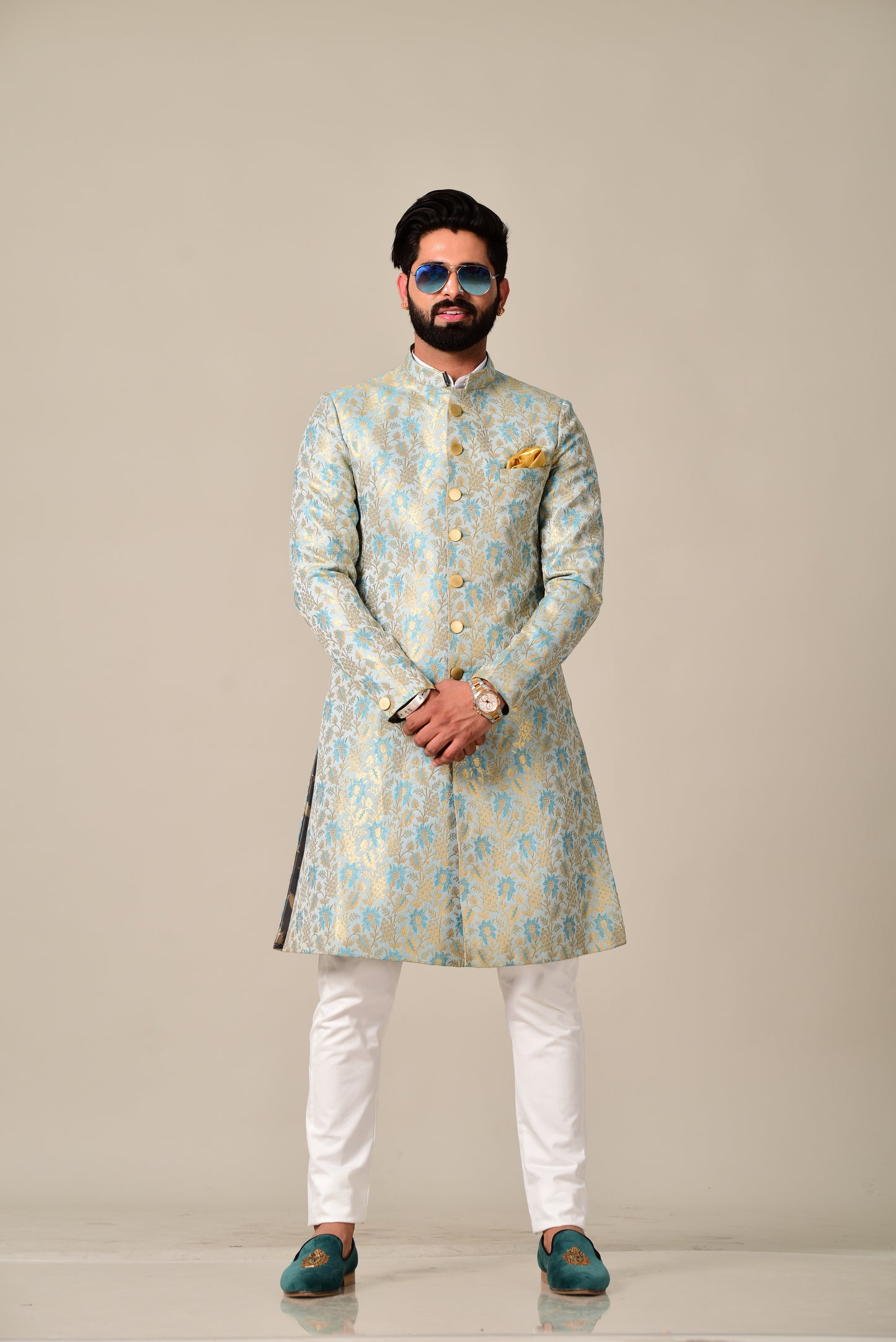 Handmade Sky Blue Gold Maharaja Style Brocade Silk Sherwani