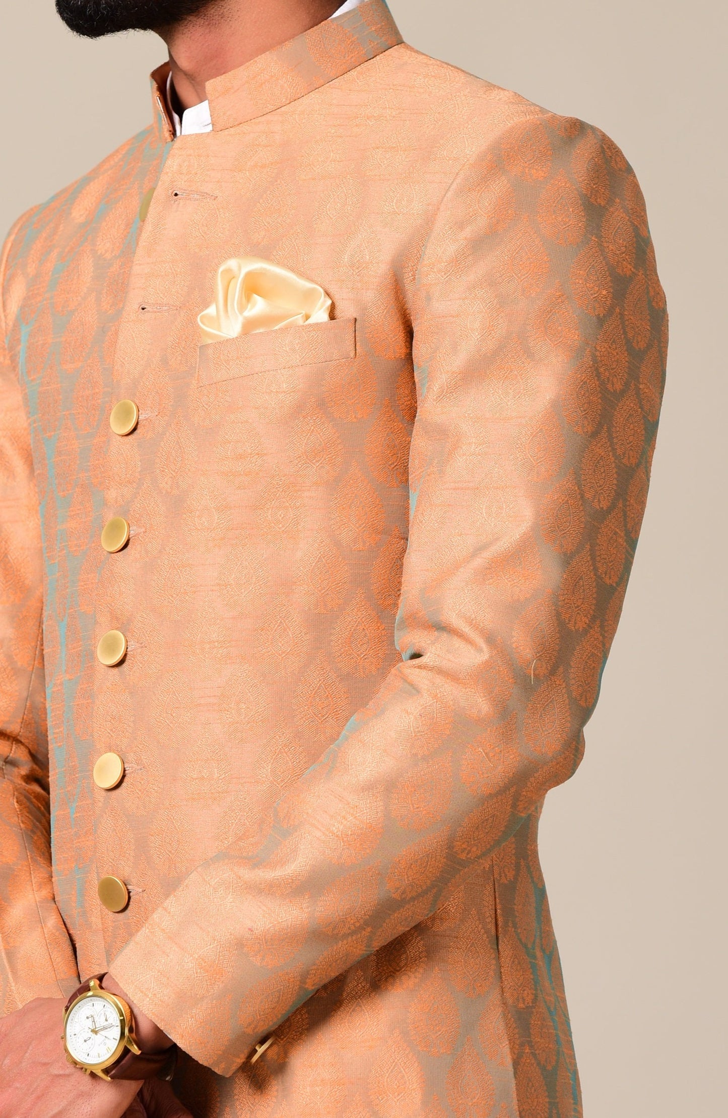 Handloom Brocade Silk | Rust Cyan Color | Booti Pattern Sherwani