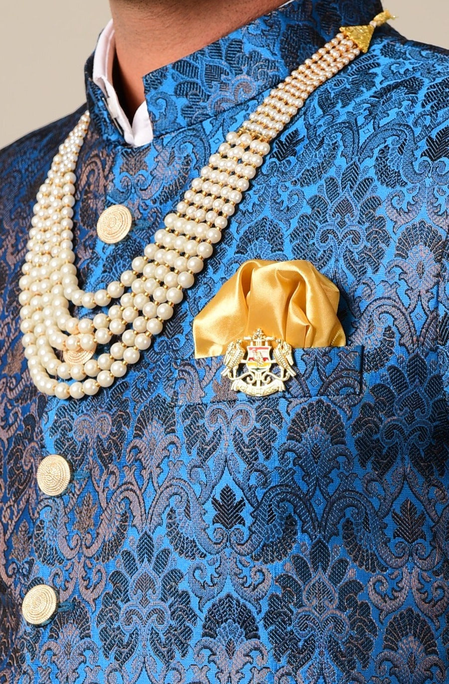 Handmade Cobalt Blue Kim-Khab Brocade Silk Achkan