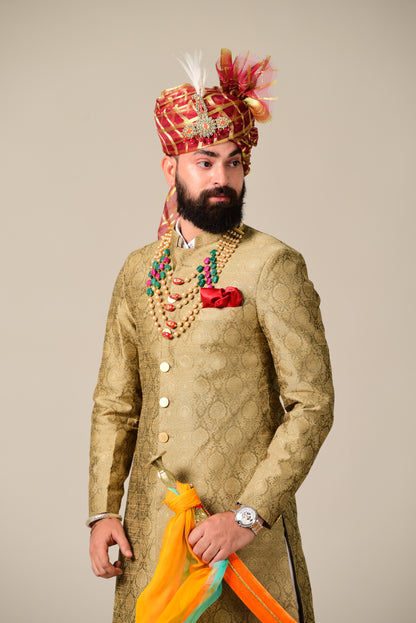 Traditional Pebble Gold Brocade Silk Designer Sherwani