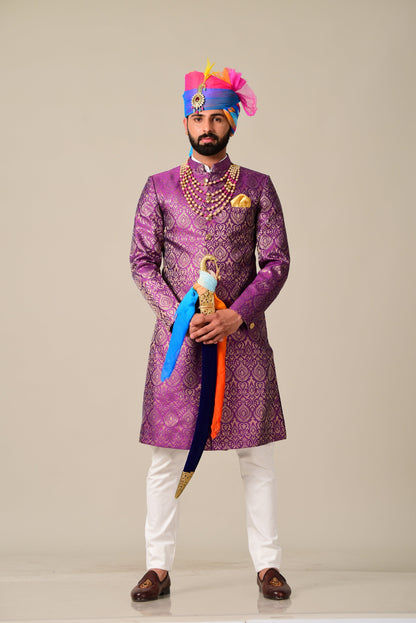 Jam Purple Designer Kimkhab Royal Rajputana Style Achkan