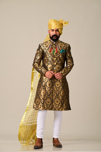 Handmade Royal Golden-Black Brocade Silk Achkan