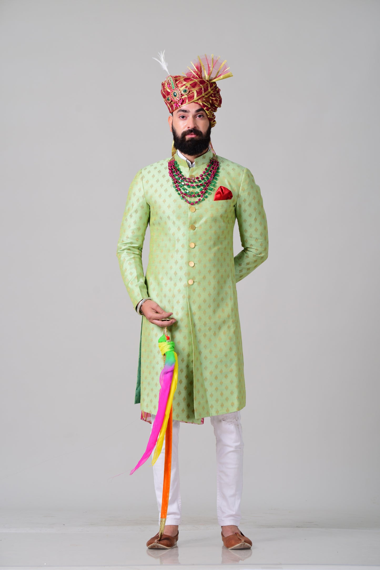 Handloom Brocade Silk | Lime Green | Maharaja Style Sherwani