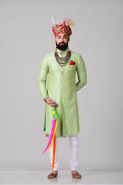 Maharaja Style Lime Green Brocade Silk Sherwani