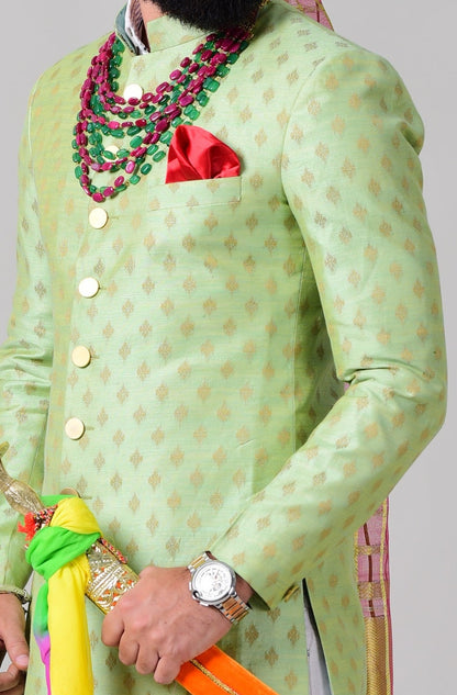 Maharaja Style Lime Green Brocade Silk Sherwani