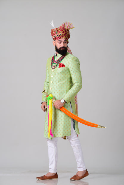 Maharaja Style Lime Green Brocade Silk Sherwani