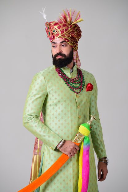 Maharaja Style Lime Green Brocade Silk Sherwani