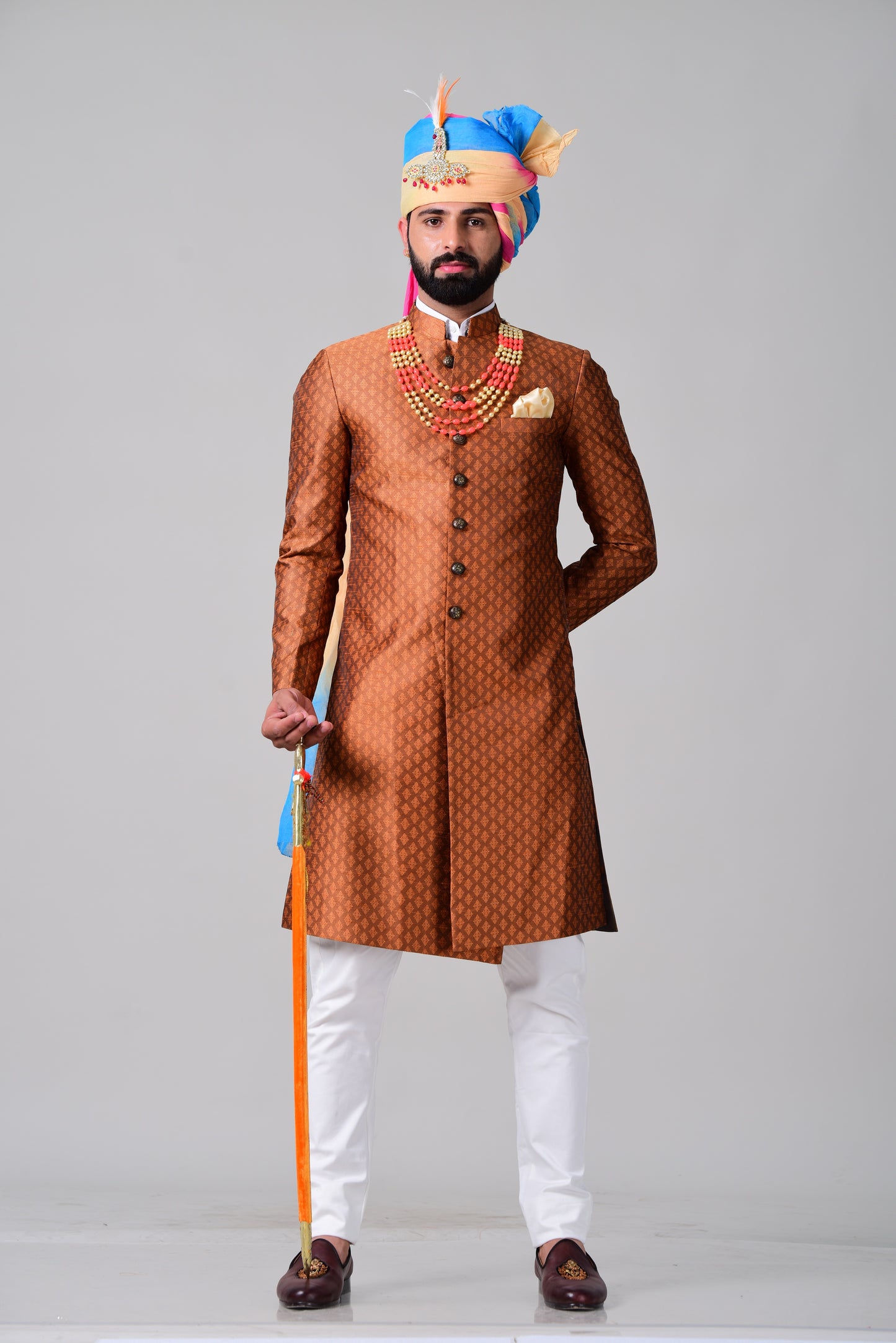 Royal Rust Orange Brocade Punjabi Style Sherwani
