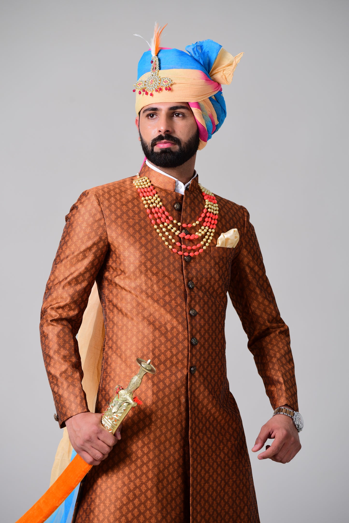 Royal Rust Orange Brocade Punjabi Style Sherwani