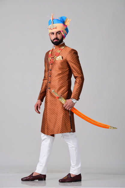 Royal Rust Orange Brocade Punjabi Style Sherwani