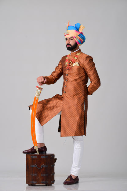 Royal Rust Orange Brocade Punjabi Style Sherwani