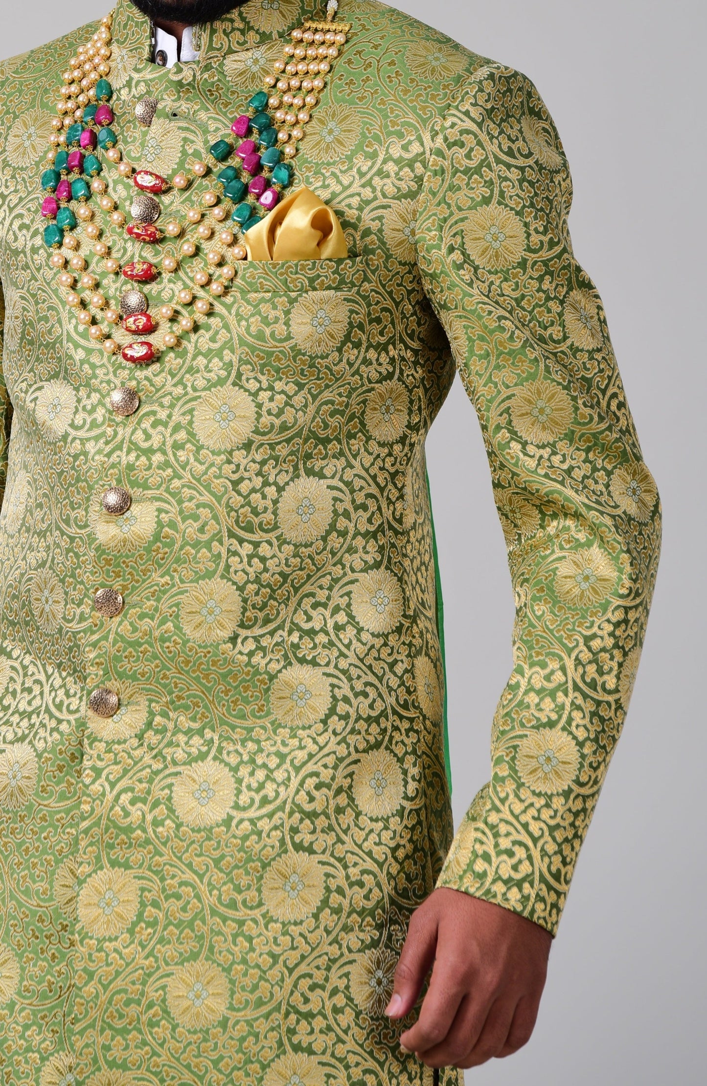 Spring Bug and Golden Brocade Designer Royal Rajputana Achkan