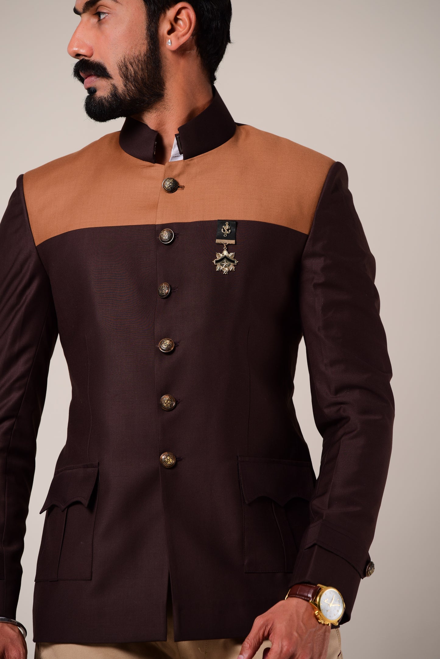 Umber Brown Dual Color Bandhgala Blazer With Trouser
