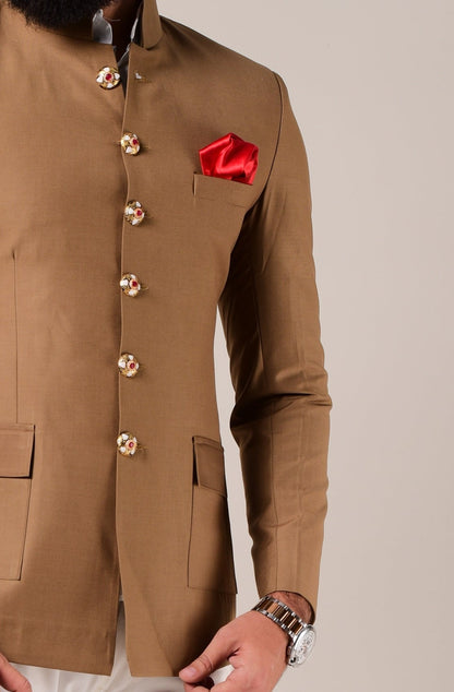 Camel Brown Terry Rayon Jodhpuri Bandhgala With Trouser