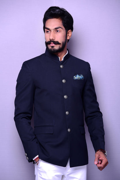 Bespoke Handmade Navy Blue Jodhpuri Bandgala Blazer with White Trouser
