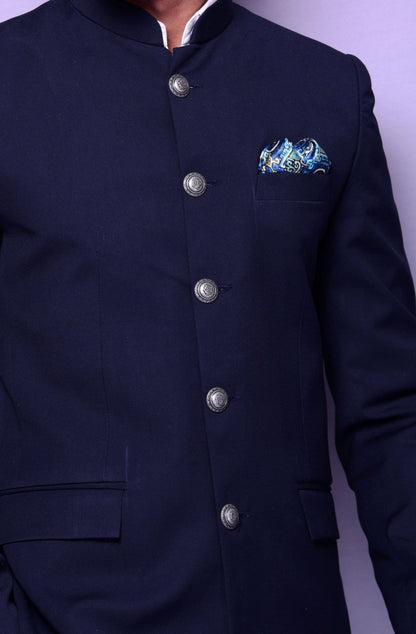 Bespoke Handmade Navy Blue Jodhpuri Bandgala Blazer with White Trouser