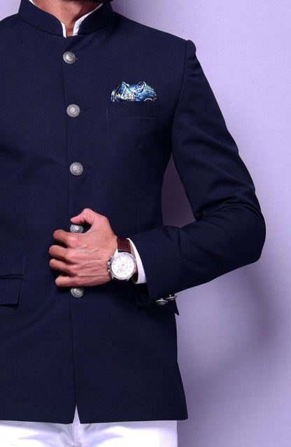 Bespoke Handmade Navy Blue Jodhpuri Bandgala Blazer with White Trouser