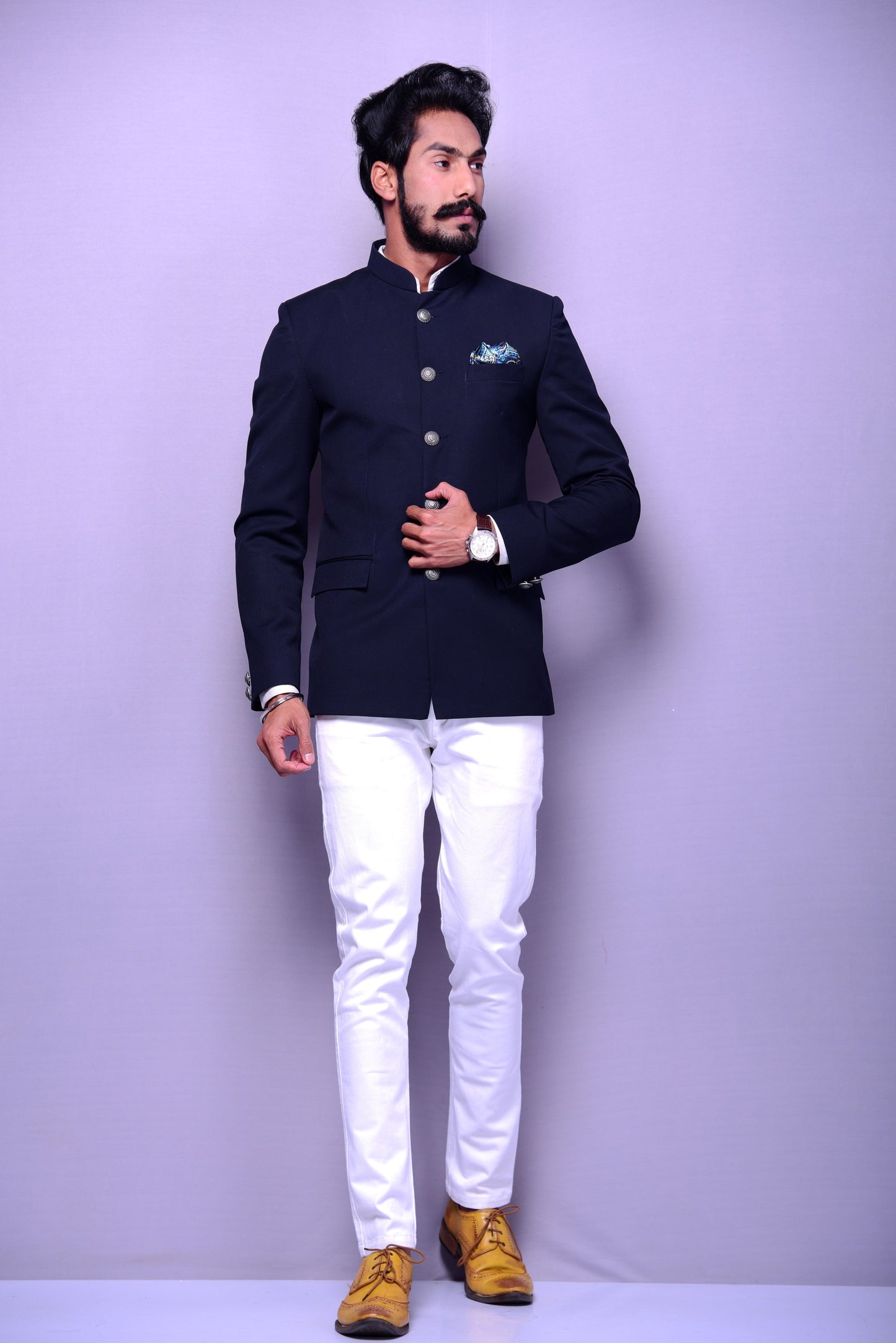 Bespoke Handmade Navy Blue Jodhpuri Bandgala Blazer with White Trouser
